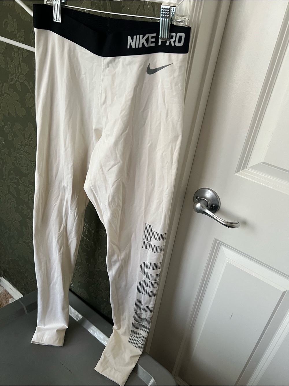 Nike White Leggings with Black Waistband and Gray Swoosh